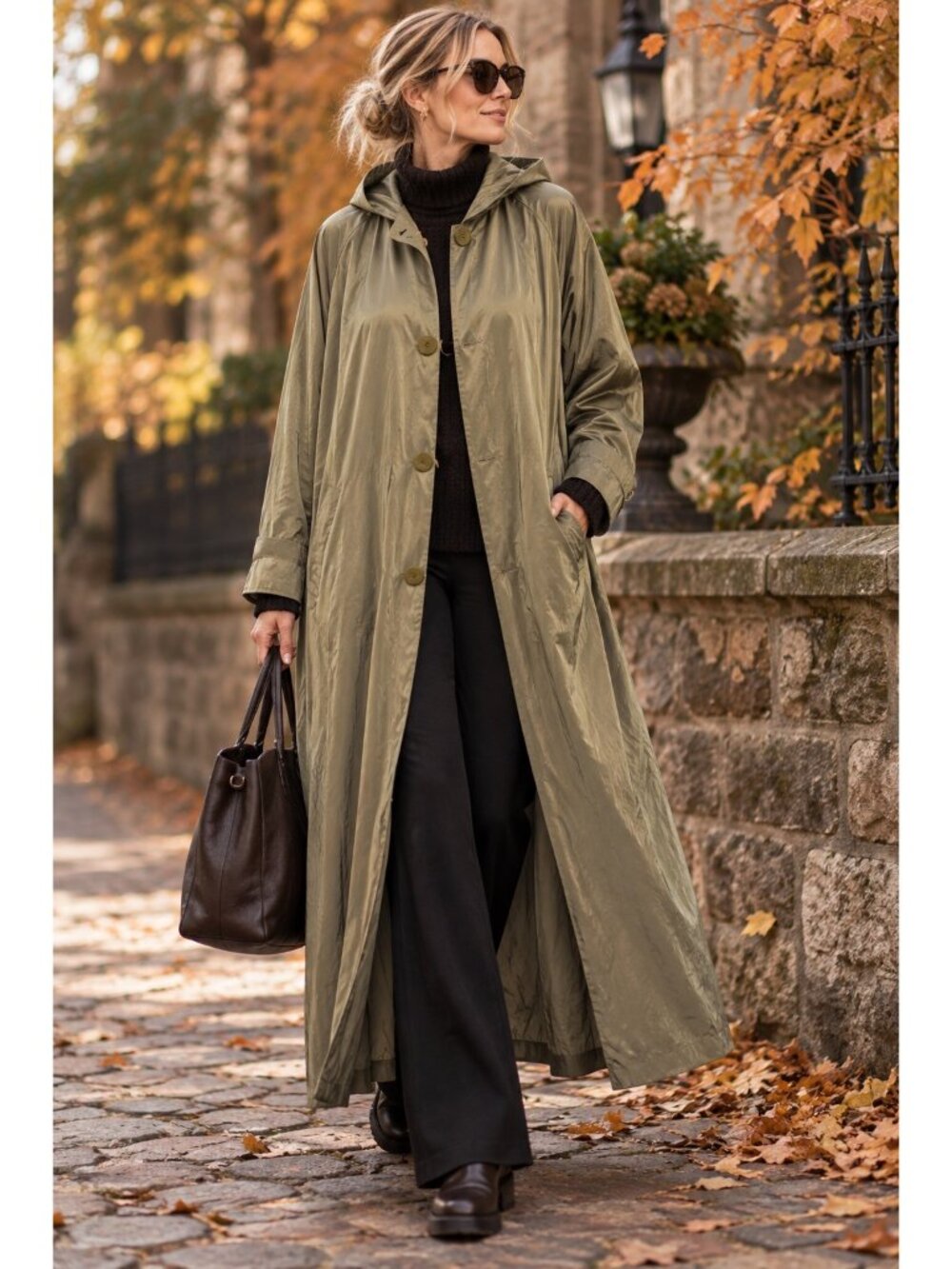 Vintage Maralyce Ferree L Iridescent Olive Hooded Duster Raincoat USA Lagenlook